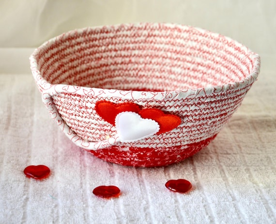 Valentine's Day Red Heart Basket: Candy Dish, Country Cottage Bowl, 1 Handmade Fabric Rope Baslet