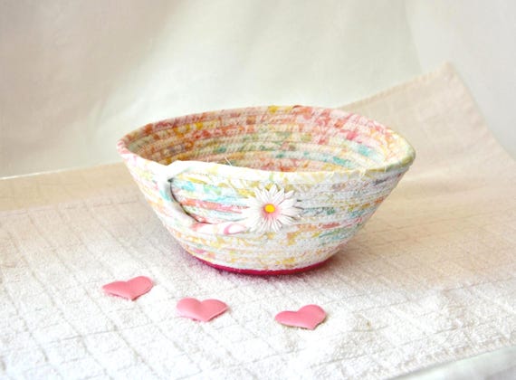 Pastel Pink Vanity Bowl, 1 Handmade Batik Fabric Bowl, Textile Art Basket, Candy Bowl, Shabby Chic Gift for her, Lovely Birthday Present