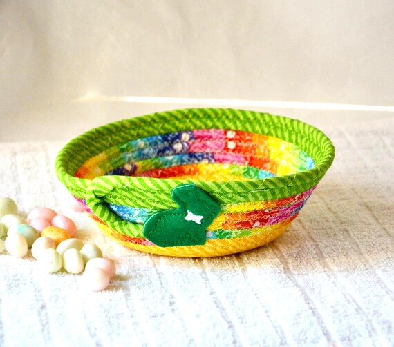 Easter Candy Bowl, Handmade Quilted Fabric Easter Basket with Bunny Accent