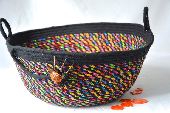 Halloween Candy Bucket, Handmade Fun Spider Bowl, Black and Orange Gift Basket, Hand Coiled Fabric Basket, Fall Mail Bowl
