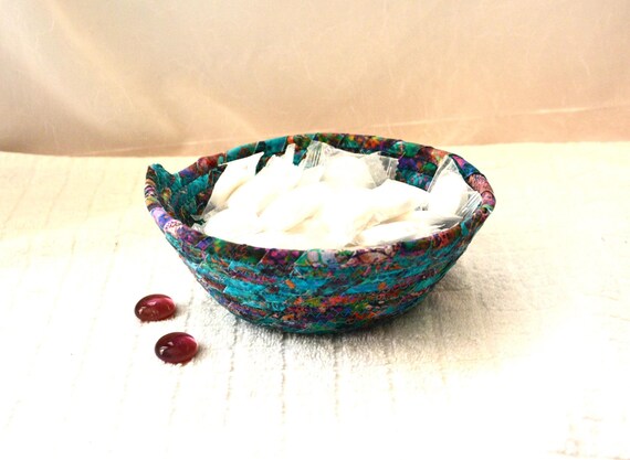 Handmade Turquoise Fabric Basket: Country Cottage Teal Candy Bowl, Ring Dish