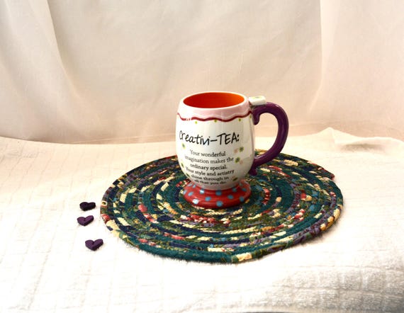 Handmade Blue Place Mat, Teal Green Quilted Fabric Rope Trivet, Hot Pad