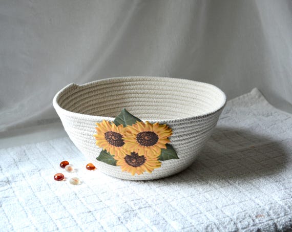 Fall Sunflower Basket, Handmade Floral Gift Basket, Country Fruit Bowl, Autumn Napkin Holder, Farmhouse Bowl, Woven Rope Home Decor Bin