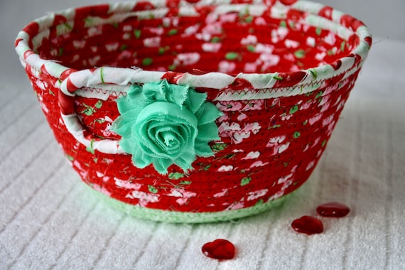 Unique Gift Basket, Spring Napkin Basket, Handmade Cherry Blossom Key Basket, Mail Bin or Candy Bowl, Fabric Rope Basket