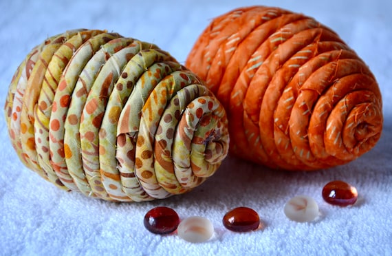 Fall Autumn Acorns, Thanksgiving Bowl Fillers, 2 Handmade Pinecone Shape Decorations, 2 Hand Coiled Batik Fabric Ornaments, Gift Basket Idea