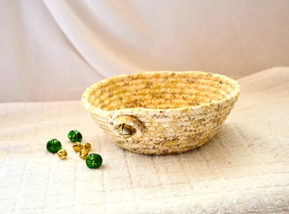 Christmas Candy Dish, Gold Decor Basket, Handmade Fabric Rope Bowl, Ring Tray