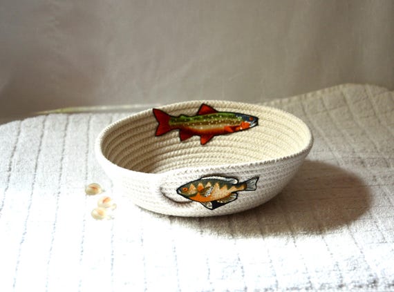 Lake House Bowl, Fishermen Gift Basket, Candy Bowl, Fish Key Bowl, Handmade Change Bowl, Coastal Rope Basket, Gift for him Dad boy friend