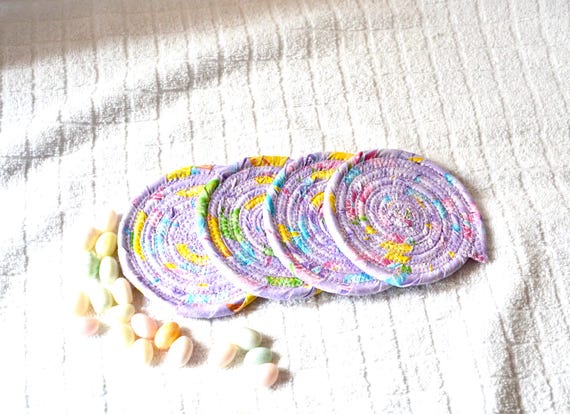 Handmade Lavender  Fabric Coasters, Decorative Quilted Mug Rugs, Set of 4