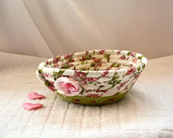 Shabby Chic Fabric Rope Basket: Small Victorian Rose Key Holder, Handmade Quilted Floral Bowl