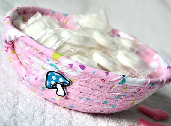 Pink Candy Dish, Cute Mushroom Dish, Handmade Change Holder, Small Summer Bowl, Toadstool Ring Dish. Mother Gift Basket, Woven Bowl