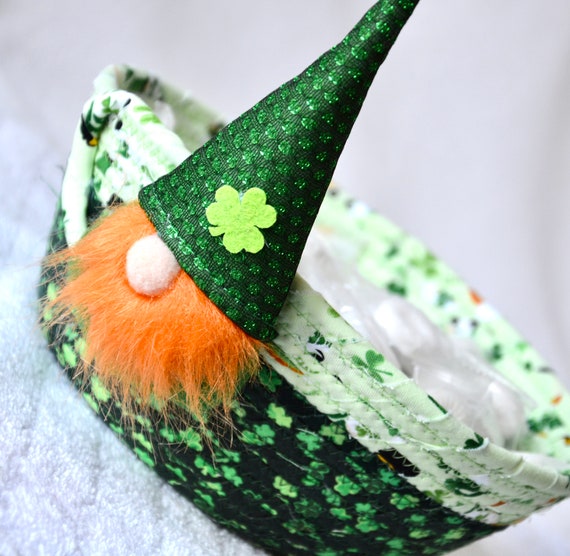 St. Patrick's Day Gnome Basket, Irish Shamrock Candy Bowl, Handmade Green Shamrock Fruit Bowl,  Fun Bread Basket, Cute Gift Basket