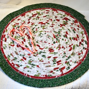 Christmas Place Mat, 14&quot; Handmade Holly Trivet, 1 Holiday Potholder, Table Runner, Quilted Hot Pad, Table Topper Christmas Decoration