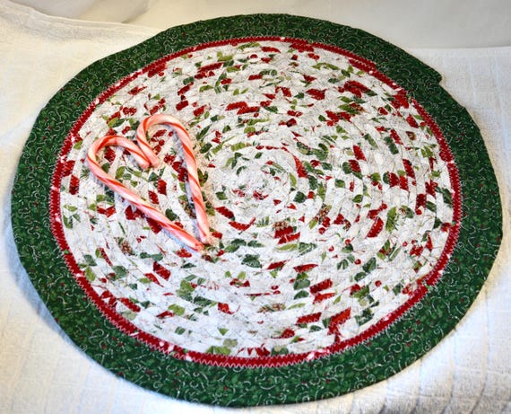 Christmas Place Mat, 14" Handmade Holly Trivet, 1 Holiday Potholder, Table Runner, Quilted Hot Pad, Table Topper Christmas Decoration
