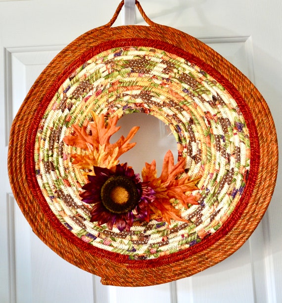 Fall Wall Wreath, Autumn Door Hanger, Lovely Country Wall Art, Fall Foliage Quilted Wreath, Handmade Coiled Wavy Curvy Fabric Hanging