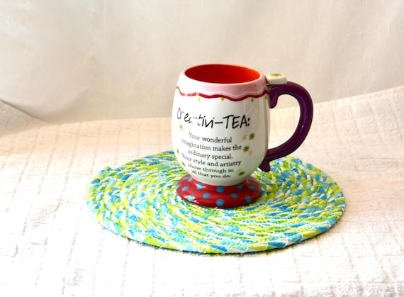 Handmade Green Mug Rug, Spring Fabric Rope Trivet, Hot Pad