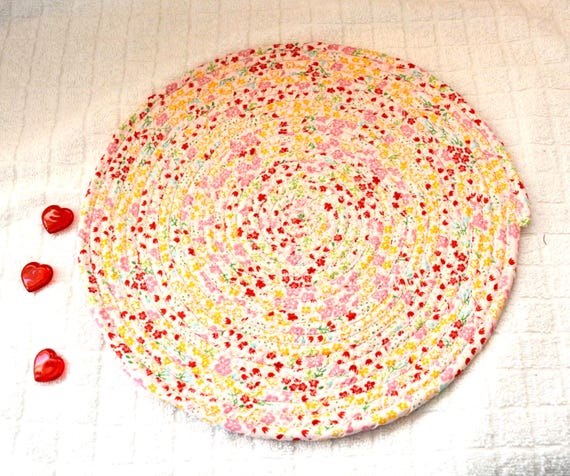 Handmade Easter Fabric Trivet: 1 Quilted Place Mat, Potholder, Spring Pink and Yellow Table Mat