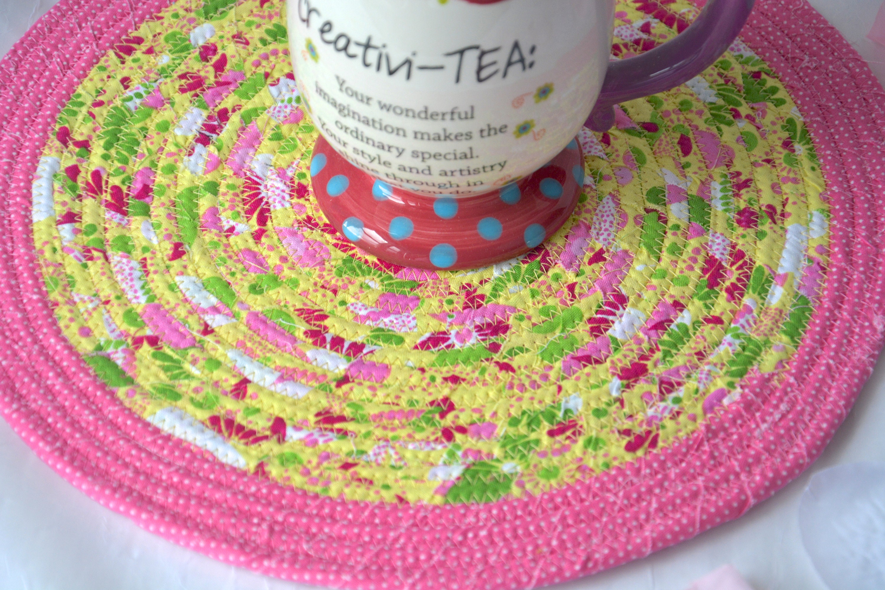Spring Place Mat, 11 Handmade Coiled Hot Pad, Lovely Pink Table Mat