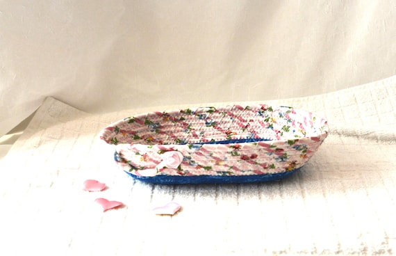 Shabby Chic Candy Dish, Dresser Ring Tray, Eyeglass Holder, Handmade Fabric Bowl, Key Holder, Vanity or Desk Organizer, Birthday Gift Basket