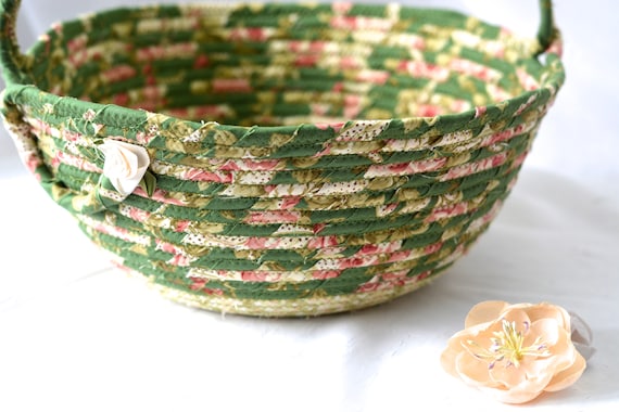 Green Gift Basket, Shabby Chic Basket, Handmade Sage Fabric Basket, Floral Candy Bowl, Napkin Holder, Fruit Bowl, Mail Basket