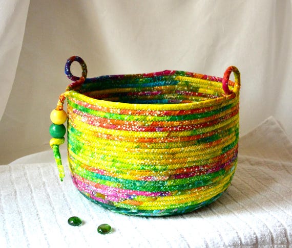 Batik Art Basket, Handmade Fabric Rope Bowl, Rainbow Green Yarn Bin, Bath Tissue Basket, Textile Art Basket, Colorful Gift Basket