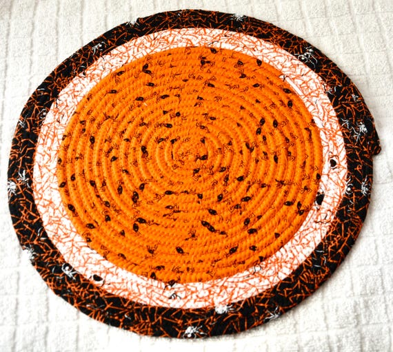 Halloween Place Mat, Fall Orange Decoration, 1 Handmade Halloween Trivet, 11"  Place Mat, Cute Spider Web Table Mat, Hot Pad