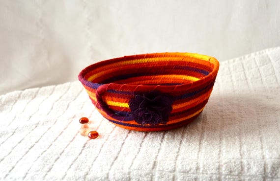 Colorful Art Bowl, Unique Handmade Candy Bowl, Violet Potpourri Basket, Small Key Bowl, Purple Gift Basket, Artisan Fabric Rope Basket