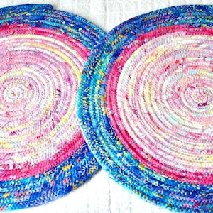 Handmade Batik Fabric Place Mat 1, Pink and Blue Coiled Trivet, Spring Hot Pad