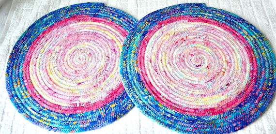 Handmade Batik Fabric Coiled Place Mat 1, Pink and Blue Trivet, Spring Hot Pad