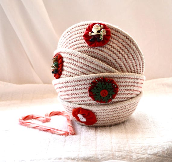 Handmade Red Christmas Bowl, 1 Holiday Candy Dish, Woven Rope Basket