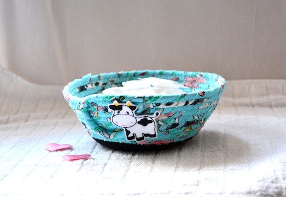 Handmade Candy Dish, Key Holder, Blue Fabric Basket, Farm Cow accent bowl