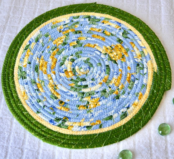 Blue Woven Place Mat, 11" Handmade Fabric Trivet, Table Mat, Floral Hot pad, Hand Coiled Potholder, Table Topper, Gift for her women