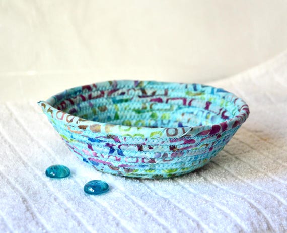 Artisan Aqua Batik Bowl, Coastal Blue Key Holder, Handmade Fabric Bowl, Candy Dish, Change Basket, Gift Basket for her, Small Ring Bowl