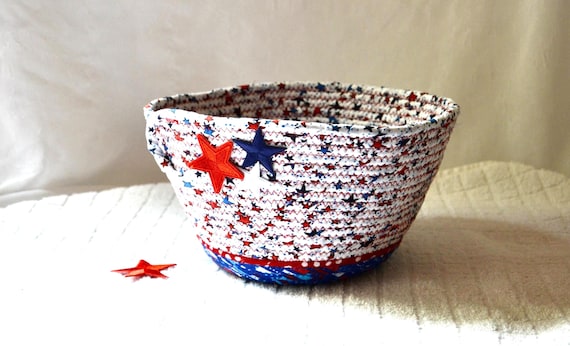 Handmade Patriotic Fabric Bowl: Red White and Blue 4th of July Party Basket, Memorial Day Decor