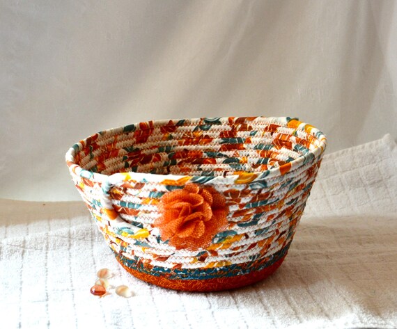 Fall Country Table Bowl, Cottage Chic Bowl, Autumn Teal Gift Basket, Handmade Bread Basket, Rustic Orange Napkin Holder or Remote Holder