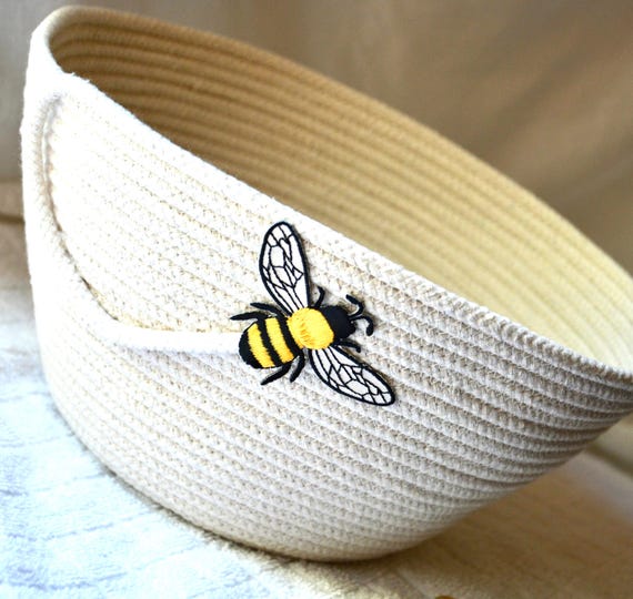 Handmade Woven Rope Basket with Bee, Farmhouse Decor Bowl