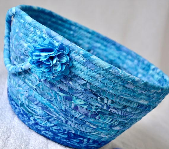 Blue Batik Bowl, Handmade Bali Fabric Basket, Decorative Blue Bowl, Lovely Gift Basket, Napkin Holder, Bread Basket, Unique Rope Bowl