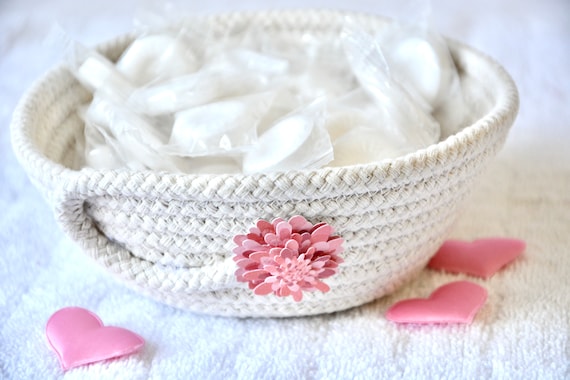 Minimalist Ring Dish, Pink Cottage Bowl, Handmade Rope Basket, Country Key Tray, Potpourri Holder, Farmhouse Home Decor, Rustic Candy Dish