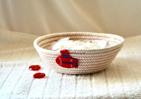 Handmade Rope Bowl with Submarine Accent, Country Candy Dish, Toy Holder