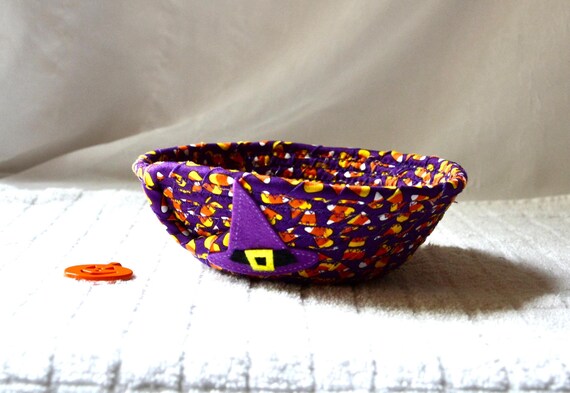 Halloween Candy Dish, Fall Purple Gift Basket, Handmade Candy Corn Fabric Bowl, Cute Entry Key Basket, Halloween Fall Decoration