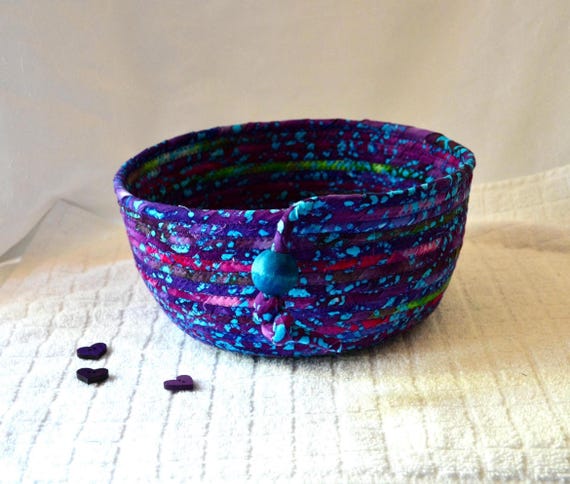 Purple Batik Bowl, Textile Art Basket, Handmade Batik Fabric Rope Basket, Decorative Bath Tissue Holder, Napkin Bin, Bread Basket, Mail Bin