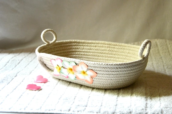 Summer Rope Basket, Country Eyeglass Tray, Cottage Key Holder, Handmade Ring Bowl, Farmhouse Clothesline Basket, Outdoor Patio Oval Bowl