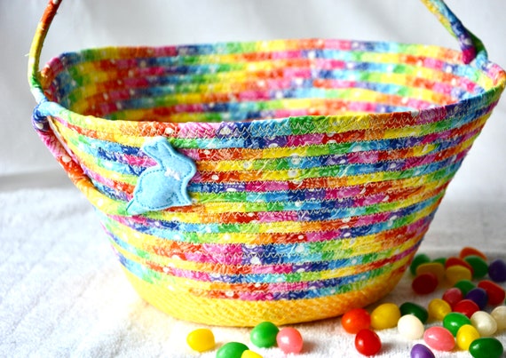 Boy Easter Basket, Handmade Rainbow Candy Bucket, Spring Decoration, Easter Egg Hunt Tote Bag, Baby First Easter Bucket, Free Name tag
