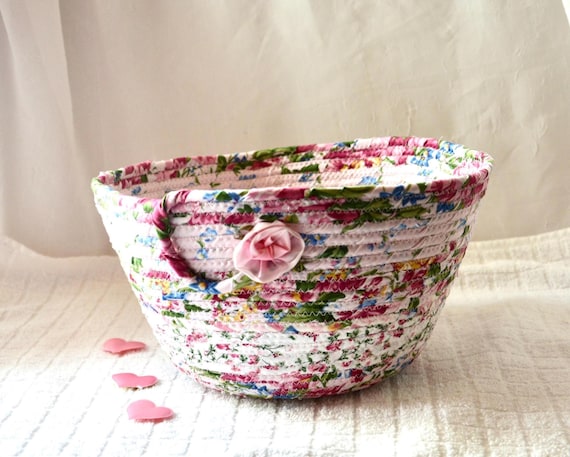 Pink Shabby Chic Bowl, Handmade Floral Fabric Basket, Decorative Flower Basket