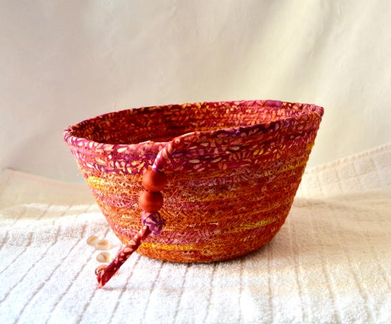 Rustic Batik Basket, Handmade Quilted Fabric Basket, Country Fruit Bowl, Bath Towel Holder, Birthday Gift Basket, Textile Art Basket