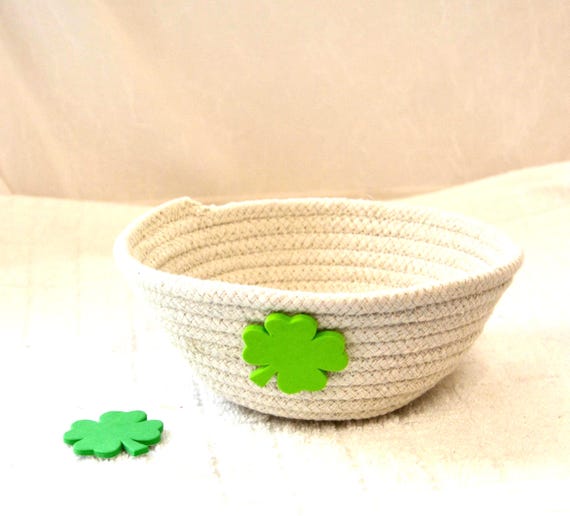Handmade St. Patrick's Day Candy Bowl, Irish Shamrock Key Holder, Ring Dish, Rope Basket