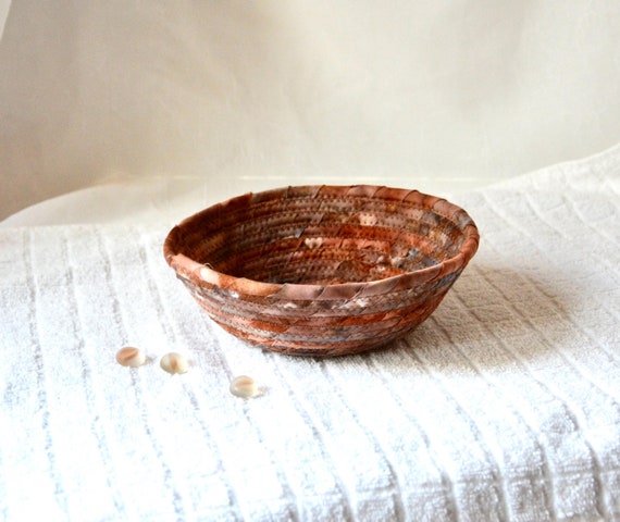 Fall Gift Basket, Artisan Batik Fabric Bowl, 1 Small Brown Candy Dish, Hand Coiled Rope Basket, Rustic Key Holder, Gift for him men Father
