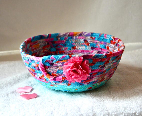 Tropical Candy Bowl, Coastal Aqua Key Holder Tray, Jewelry Bowl, Handmade Candle Holder, Hand Coiled Rope Basket, Beach Cottage Gift Basket