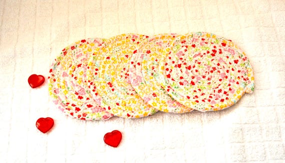 Handmade Pink Easter Fabric Coasters, Spring Quilted Mug Rugs, Set of 4