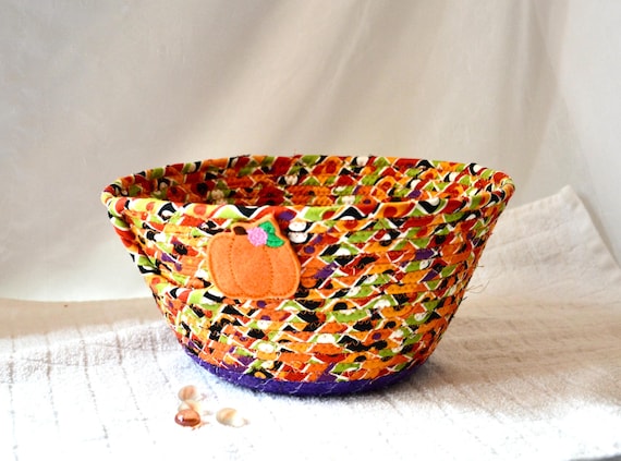 Fall Pumpkin Bowl, Fruit Bowl, Key Holder, Autumn Decor Basket, Handmade Napkin Basket, Artisan Hand Coiled Basket, Fabric Rope Bowl