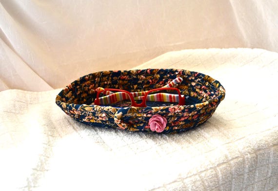 Oval Key Holder, Handmade Eyeglass Basket, Ear Bud Bowl, Blue Fabric Rope Basket, Dresser change tray,